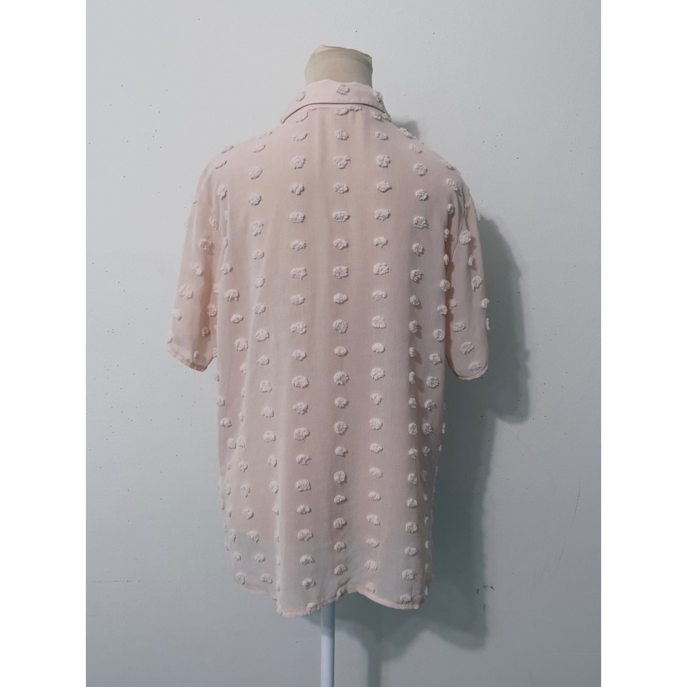 Women Short Sleeve Pom Pom Button Down Blouse Pink Size L Chic Feminine Airy - Picture 5 of 5